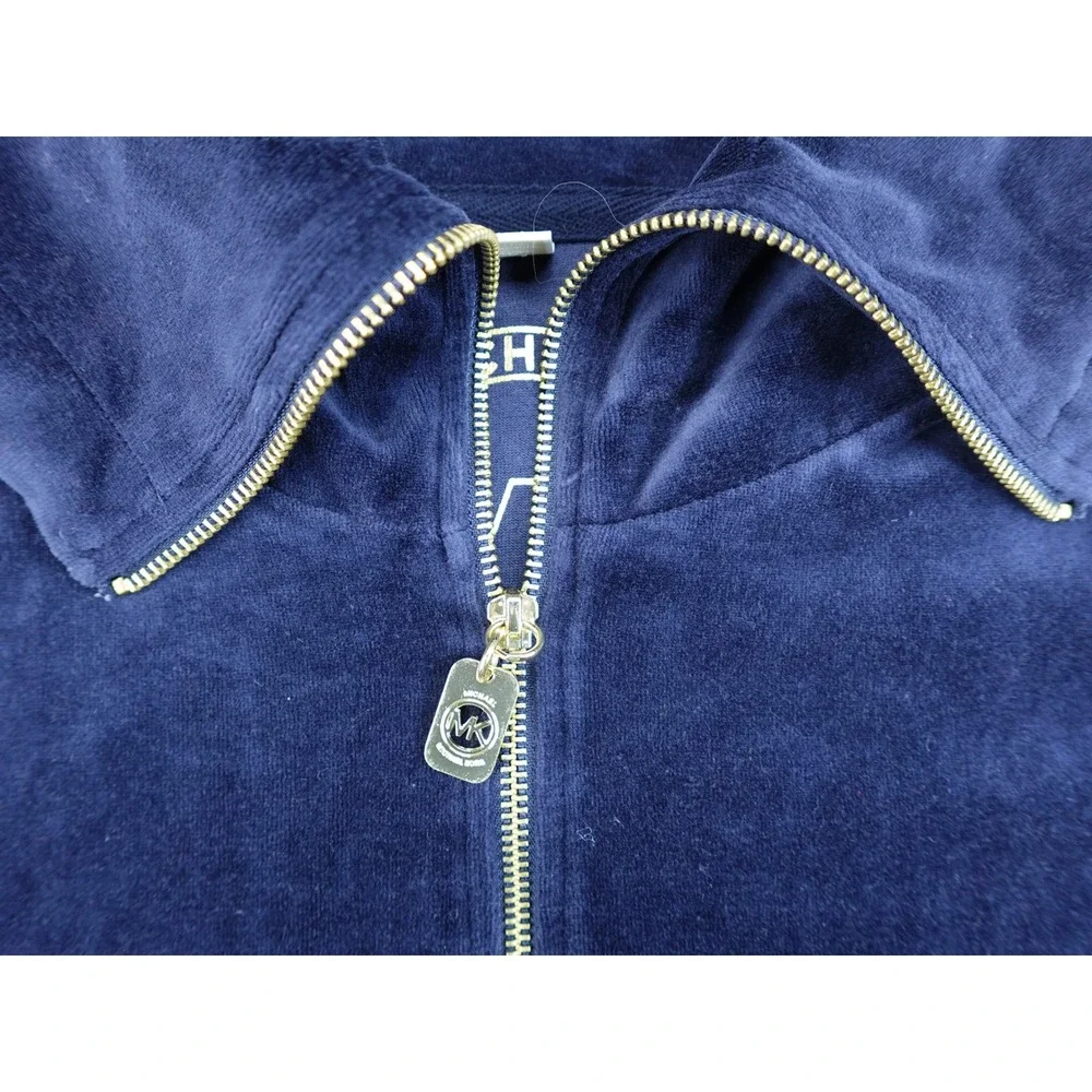 Michael Kors Velour Zip Up Jacket Womens Large Navy Blue‎ Gold Hardware MK